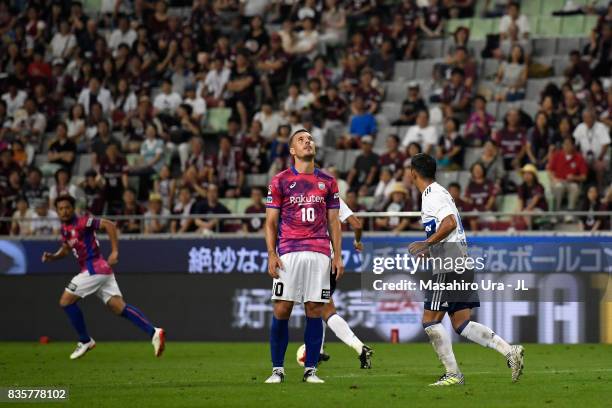 Lukas Podolski of Vissel Kobe shows frustration during the J.League match between Vissel Kobe and Yokohama F.Marinos at Noevir Stadium Kobe on August...