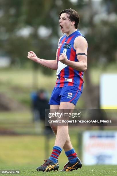 Toby Wooller of the Oakleigh Chargers celebrates a goal during the TAC Cup round 16 match between the Oakleigh Chargers and the Sandringham Dragons...