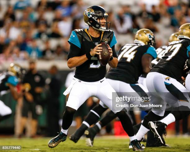 Quarterback Blake Bortles of the Jacksonville Jaguars on a pass play during the game against the Tampa Bay Buccaneers at EverBank Field on August 17,...
