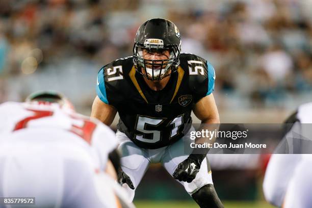 Linebacker Paul Posluszny of the Jacksonville Jaguars during the game against the Tampa Bay Buccaneers at EverBank Field on August 17, 2017 in...
