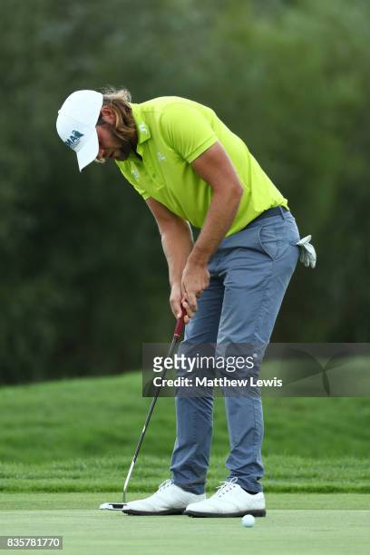 Johan Carlsson of Sweden putts on the 1st green during the 3rd/4th place playoff match of the Saltire Energy Paul Lawrie Matchplay at Golf Resort Bad...