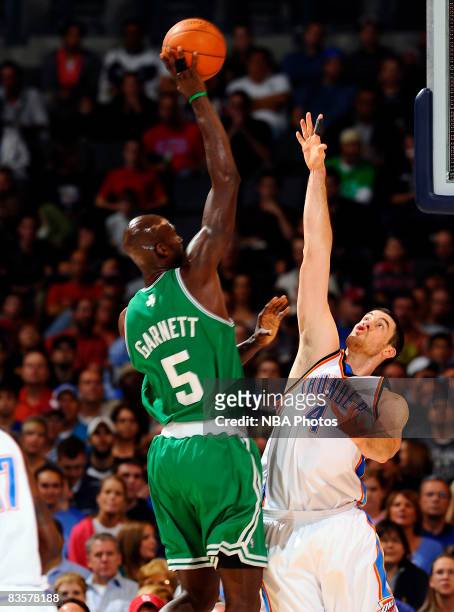 Kevin Garnett of the Boston Celtics shoots the ball over Nick Collison of the Oklahoma City Thunder at the Ford Center on November 5, 2008 in...