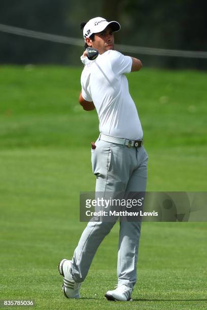Adrian Otaegui of Spain hits his second shot on the 3rd hole during the final match of the Saltire Energy Paul Lawrie Matchplay at Golf Resort Bad...