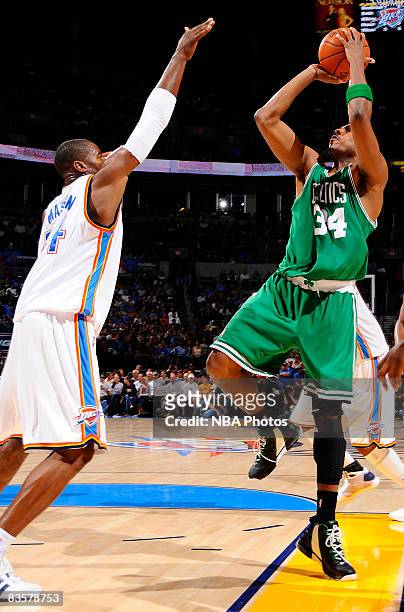 Paul Pierce of the Boston Celtics attempts to shoot a jump shot against Desmond Mason of the Oklahoma City Thunder at the Ford Center on November 5,...