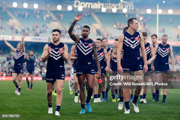 The Dockers farewell their supporters after their defeat during the round 22 AFL match between the Fremantle Dockers and the Richmond Tigers at...