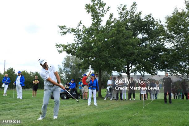 Adrian Otaegui of Spain chips to the 3rd green during the final match of the Saltire Energy Paul Lawrie Matchplay at Golf Resort Bad Griesbach on...