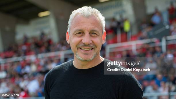 Coach Pavel Dotchev of Rostock looks on prior to the 3. Liga match between FC Wuerzburger Kickers and F.C. Hansa Rostock on August 20, 2017 in...