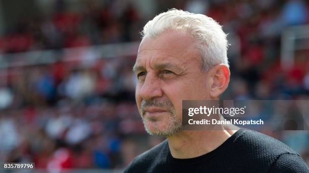 Coach Pavel Dotchev of Rostock looks on prior to the 3. Liga match between FC Wuerzburger Kickers and F.C. Hansa Rostock on August 20, 2017 in...