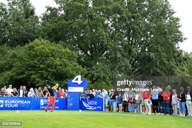 Marcel Siem of Germany tees off on the 4th hole during the final match of the Saltire Energy Paul Lawrie Matchplay at Golf Resort Bad Griesbach on...