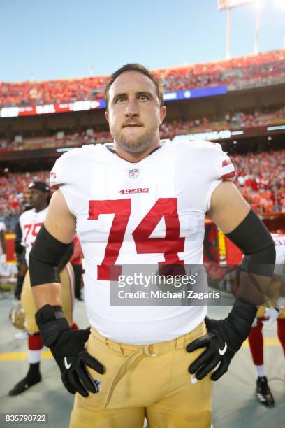 Joe Staley of the San Francisco 49ers stands on the sideline prior to the game against the Kansas City Chiefs at Arrowhead Stadium on August 11, 2017...