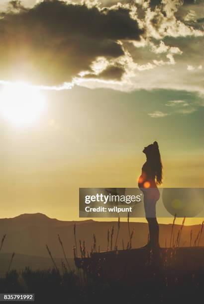 zwangere ontspannen vrouwelijke bij buitenshuis zonsondergang - the karoo stockfoto's en -beelden