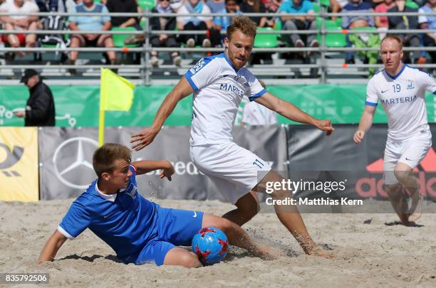 Player of Berlin and a player of Rostock battle for the ball during the half final match between Hertha BSC and Rostocker Robben on day 2 of the 2017...