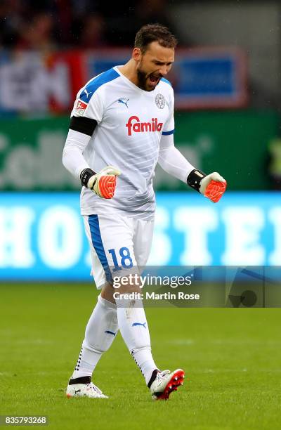 Ken Kronholm, goaltender of Kiel celebrates a goal during the Second Bundesliga match between Holstein Kiel and SpVgg Greuther Fuerth at...