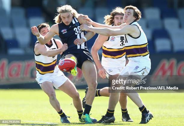 James Worpel of the Geelong Falcons kicks during the TAC Cup round 16 match between the Geelong Falcons and the Murray Bushrangers at MARS Stadium on...
