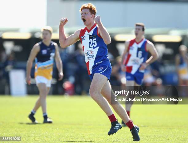 Kyle Reid of the Gippsland Power celebrates a goal during the TAC Cup round 16 match between the Gippsland Power and the Bendigo Pioneers at MARS...