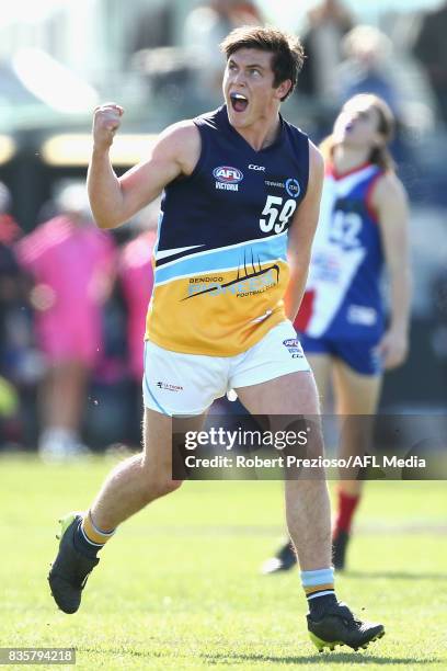 Angus Byrne of the Bendigo Pioneers celebrates a goal during the TAC Cup round 16 match between the Gippsland Power and the Bendigo Pioneers at MARS...