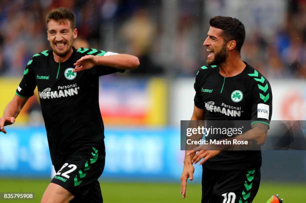 Juergen Gjasula of Greuther Fuerth celebrates after he scores the opening goal during the Second Bundesliga match between Holstein Kiel and SpVgg...