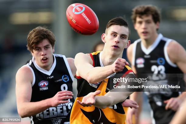 Jesse Davies of the Dandenong Stingrays handballs during the TAC Cup round 16 match between the Greater Western Victoria Rebels and the Dandenong...