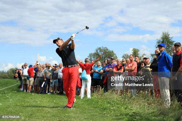 Marcel Siem of Germany hits his second shot on the 8th hole during the final match of the Saltire Energy Paul Lawrie Matchplay at Golf Resort Bad...