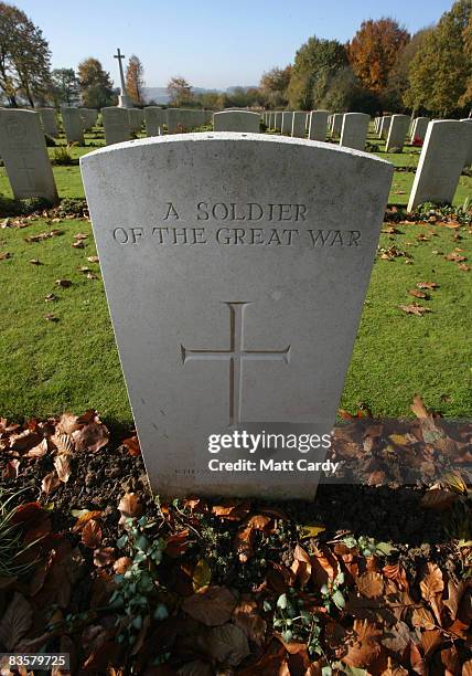 Leaves gather in front of a grave of an unknown soldier in the grounds of the Thiepval Memorial on November 4 2008 in Arras, France. The Commonwealth...