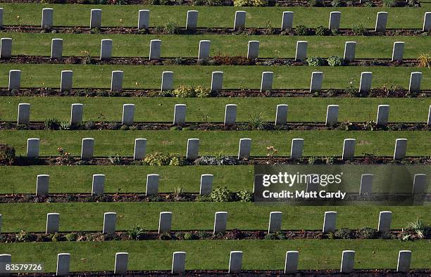 Leaves gather in front of a grave of an unknown soldier in the grounds of the Thiepval Memorial on November 4 2008 in Arras, France. The Commonwealth...