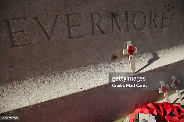 The sun illuminates engraving at the Thiepval Memorial on November 4 2008 in Arras, France. The Commonwealth War Grave Commission manages 956...