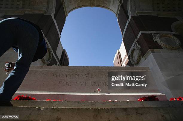 People look at the names of the missing on the side of the Thiepval Memorial on November 4 2008 in Arras, France. The Commonwealth War Grave...