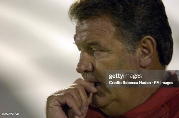 Wales manager John Toshack bites his nails during the UEFA European Championship qualifying match at the Serravalle Stadium, San Marino.