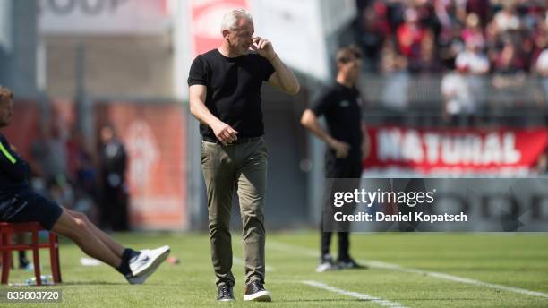 Coach Pavel Dotchev of Rostock reacts during the 3. Liga match between FC Wuerzburger Kickers and F.C. Hansa Rostock at Flyeralarm-Arena on August...