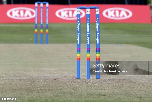 Rainbow colours on the wicket at the Kia Super League between Yorkshire Diamonds v Western Storm at York on August 20, 2017 in York, England.