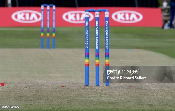 Rainbow colours on the wicket at the Kia Super League between Yorkshire Diamonds v Western Storm at York on August 20, 2017 in York, England.