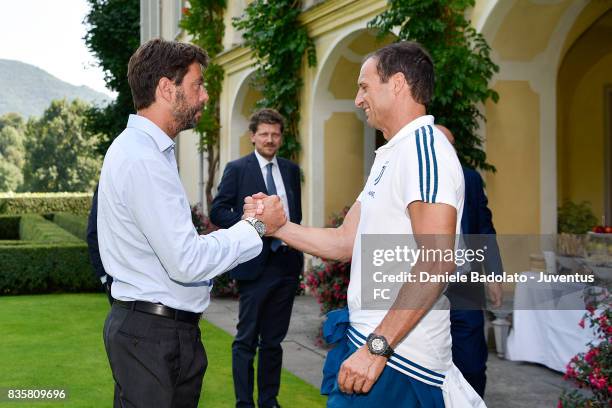 Andrea Agnelli and Massimiliano Allegri during the pre-season friendly match between Juventus A and Juventus B on August 17, 2017 in Villar Perosa,...