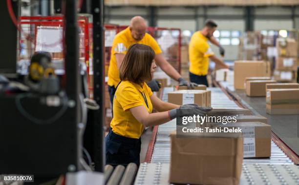 scannen en controleren van de dozen - production line stockfoto's en -beelden