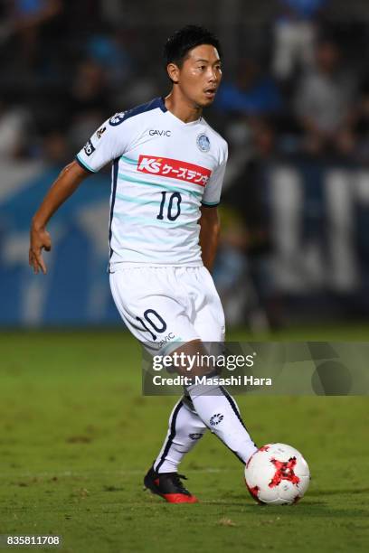 Kazuhiro Sato of Mito Hollyhock in action during the J.League J2 match between Yokohama FC and Mito Hollyhock at Nippatsu Mitsuzawa Stadium on August...