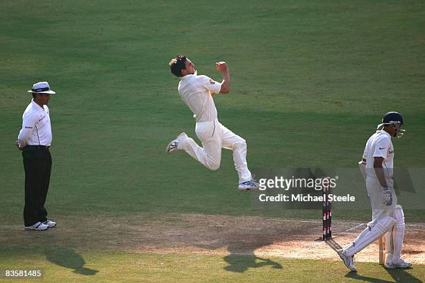 Mitchell Johnson of Australia bowls during day one of the Fourth Test match between India and Australia at the Vidarbha Cricket Association Stadium...