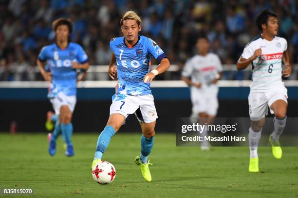 Naoki Nomura of Yokohama FC in action during the J.League J2 match between Yokohama FC and Mito Hollyhock at Nippatsu Mitsuzawa Stadium on August 20,...