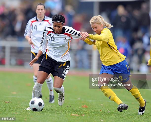 Sylvie Banecki of Germany battles for the ball with Louise Fors of Sweden during the women international friendly match between U20 Germany and U23...