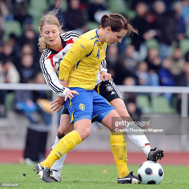 Marie Pollmann of Germany battles for the ball with Emma Wilhelmsson of Sweden during the women international friendly match between U20 Germany and...