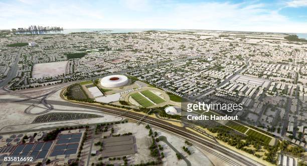 In this undated computer-generated artists' impression provided by 2022 Supreme Committee for Delivery and Legacy, the Al Thumama Stadium, a Qatar...