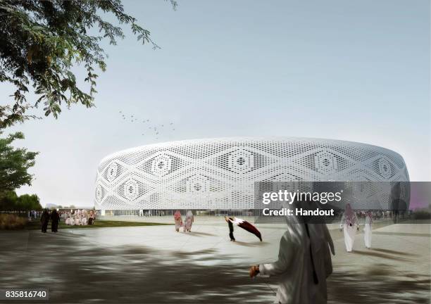 In this undated computer-generated artists' impression provided by 2022 Supreme Committee for Delivery and Legacy, the Al Thumama Stadium, a Qatar...