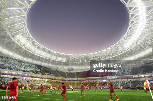 In this undated computer-generated artists' impression provided by 2022 Supreme Committee for Delivery and Legacy, the Al Thumama Stadium, a Qatar...