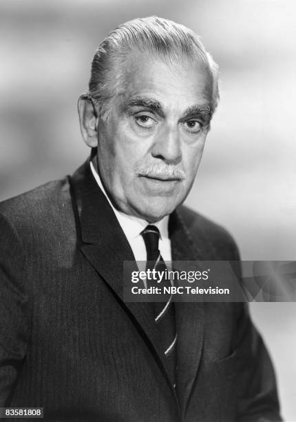 British-born actor Boris Karloff wearing a moustache and suit, in a promotional portrait for the television show 'Thriller', circa 1960.