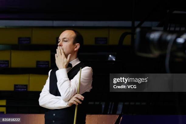 Fergal O'Brien of Republic of Ireland reacts during his quarterfinal match against Ali Carter of England on day five of Evergrande 2017 World Snooker...