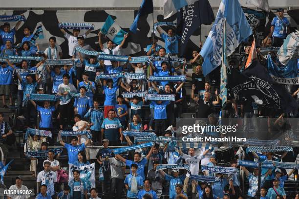 Supporters of Yokohama FC cheer during the J.League J2 match between Yokohama FC and Mito Hollyhock at Nippatsu Mitsuzawa Stadium on August 20, 2017...