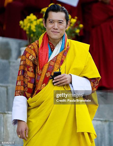 His Majesty Jigme Khesar Namgyel Wangchuck speaks to his people during his coronation held at the ceremonial grounds of The Tendrey Thang on November...