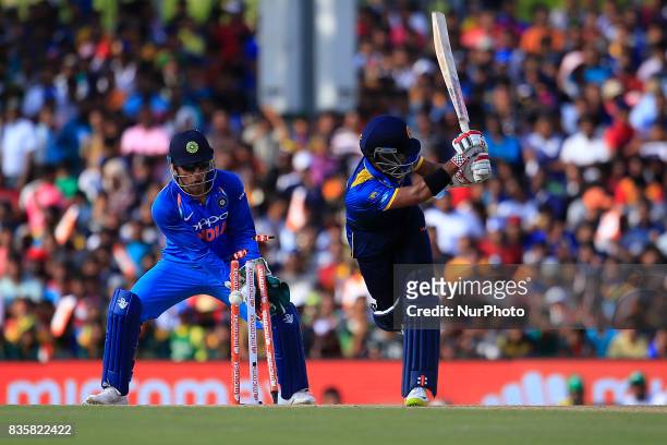 Sri Lankan cricketer Kusal Mendis is bowled out during the 1st One Day International cricket match bewtween Sri Lanka and India at Dambulla...