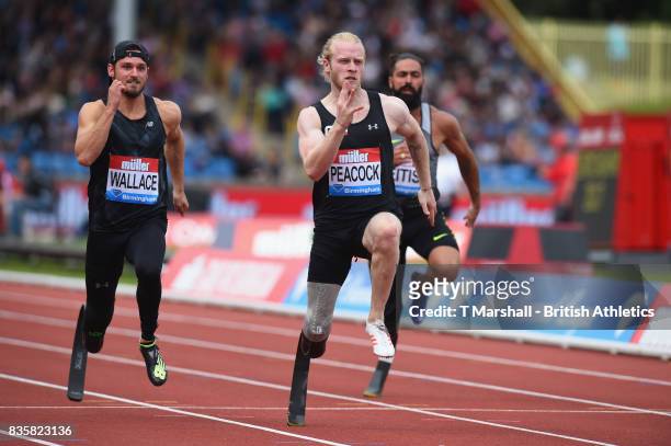 Johnnie Peacock of Great Britain wins the Mens T44 100m during the Muller Grand Prix and IAAF Diamond League event at Alexander Stadium on August 20,...