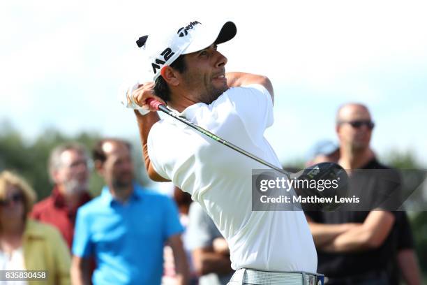 Adrian Otaegui of Spain tees off on the 16th hole during the final match of the Saltire Energy Paul Lawrie Matchplay at Golf Resort Bad Griesbach on...