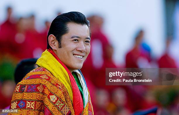 His Majesty Jigme Khesar Namgyel Wangchuck smiles during his coronation held at the ceremonial grounds of The Tendrey Thang on November 6, 2008 in...