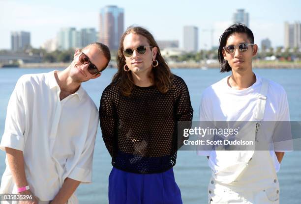 Musicians Hayden Coplen, Landon Jacobs and Jason Suwito of Sir Sly attend the Alt 98.7 Summer Camp concert at Queen Mary Events Park on August 19,...